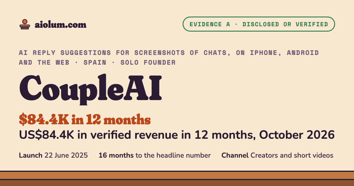 CoupleAI: US$84.4K in verified revenue in 12 months, October 2026. AI reply suggestions for screenshots of chats, on iPhone, Android and the web, Spain, solo founder, evidence grade A.