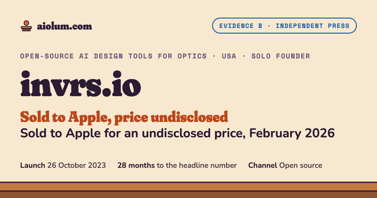 invrs.io: Sold to Apple for an undisclosed price, February 2026. Open-source AI design tools for optics, USA, solo founder, evidence grade B.