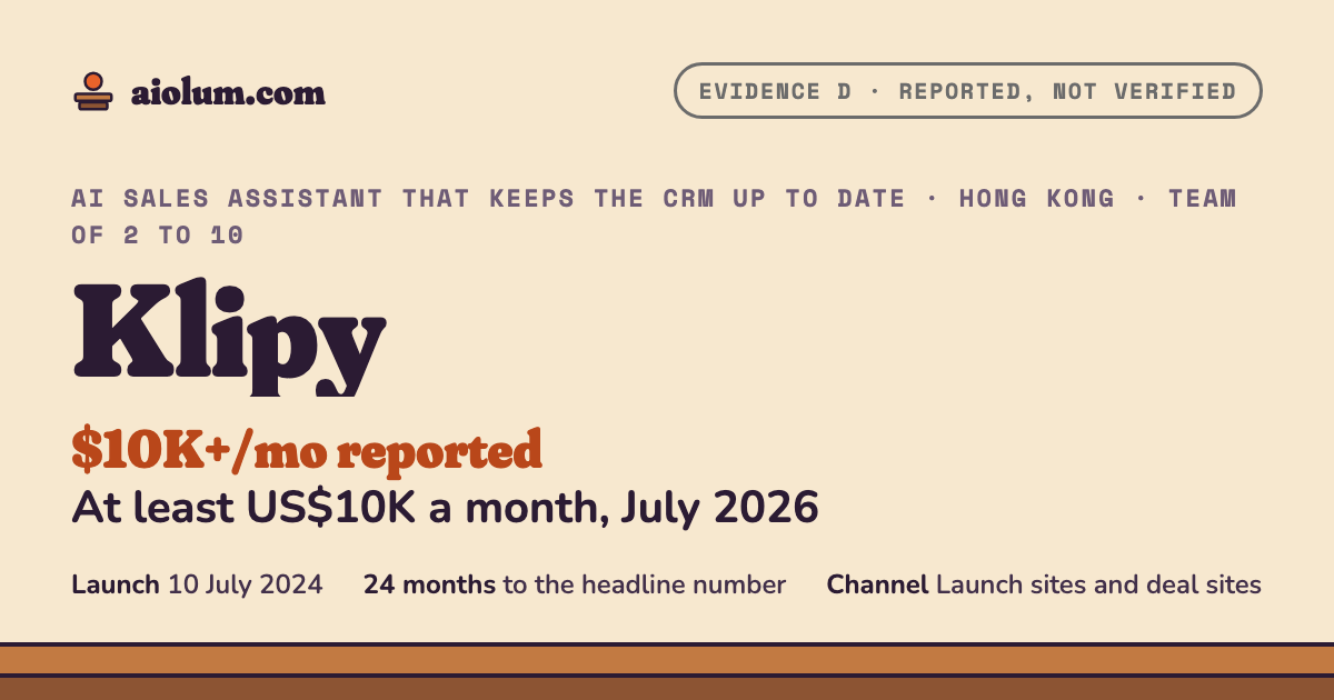 Klipy: At least US$10K a month, July 2026. AI sales assistant that keeps the CRM up to date, Hong Kong, team of 2 to 10, evidence grade D.